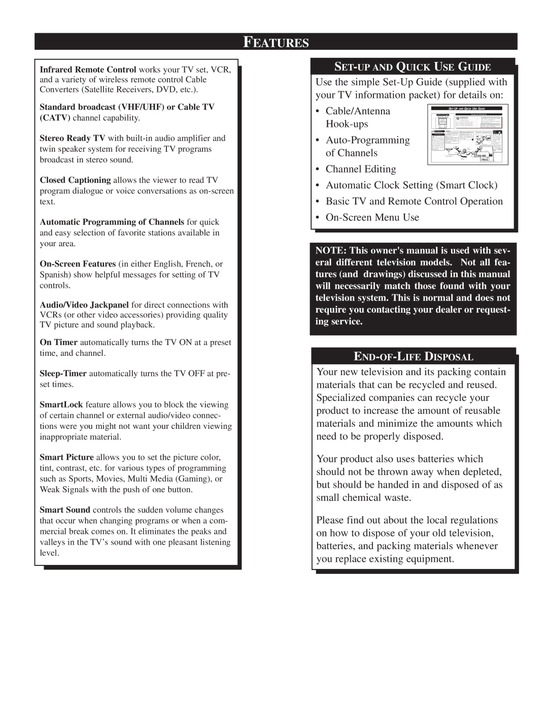 Philips TS3258, TS3658 manual Features, Standard broadcast VHF/UHF or Cable TV 