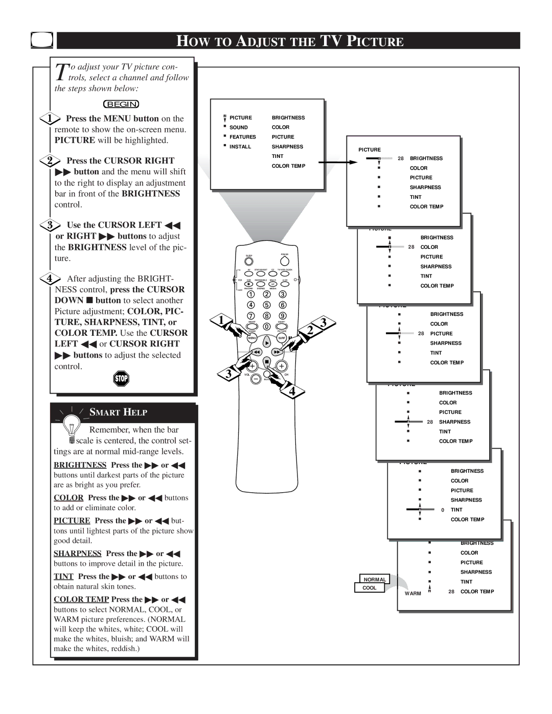 Philips TS3658, TS3258 manual HOW to Adjust the TV Picture, Use the Cursor Left 