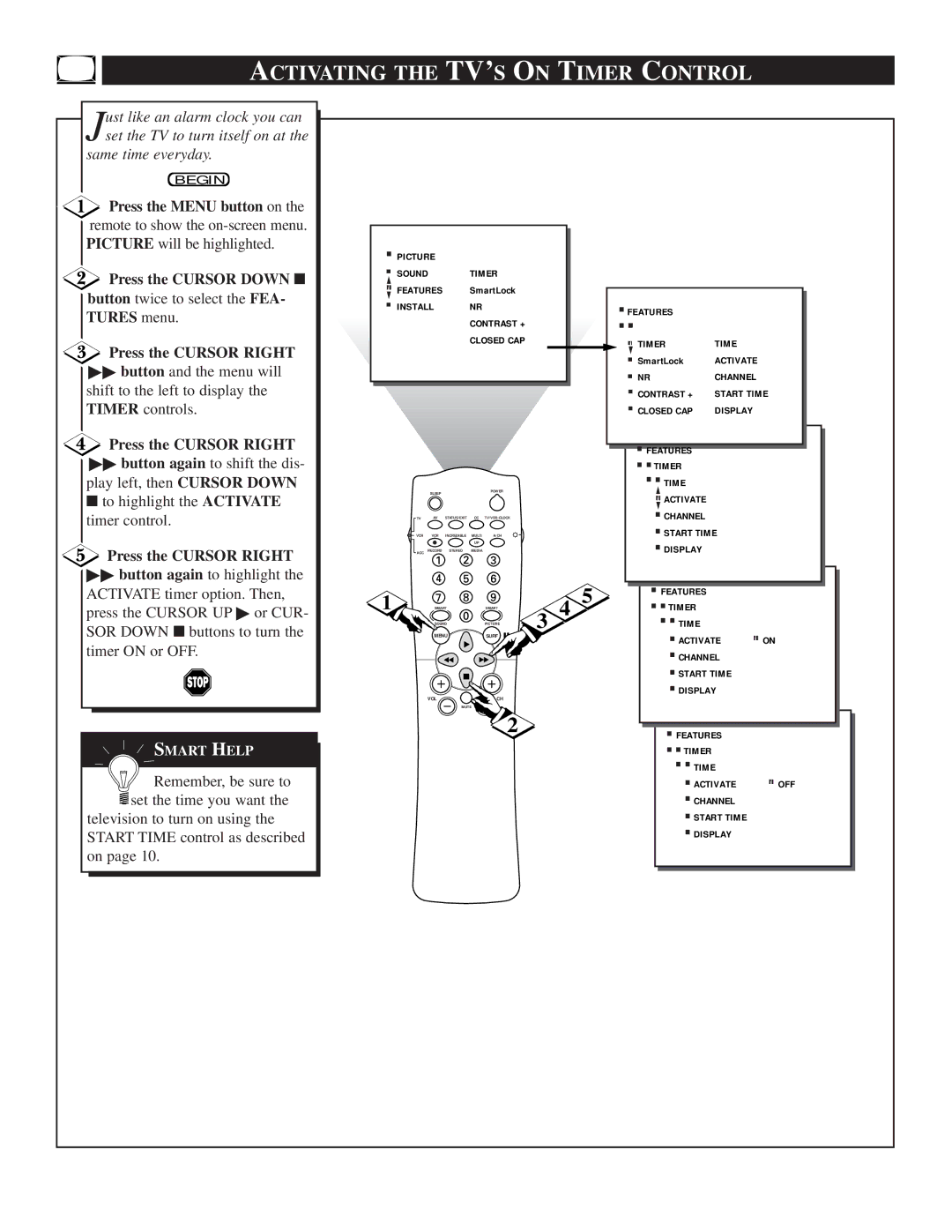 Philips TS3658, TS3258 manual Activating the TV’S on Timer Control, Press the Menu button on 