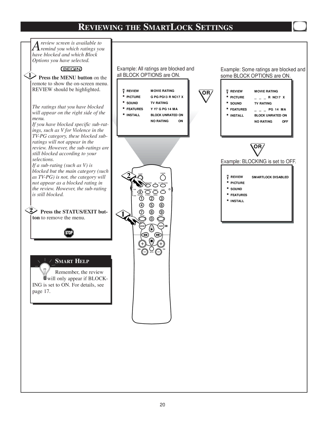 Philips TS3659C1 manual Reviewing the Smartlock Settings, Example Blocking is set to OFF 