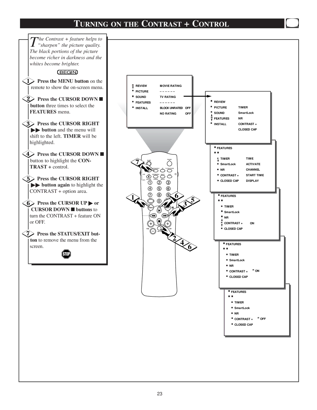 Philips TS3659C1 manual Turning on the Contrast + Control, Trast + control Press the Cursor Right 