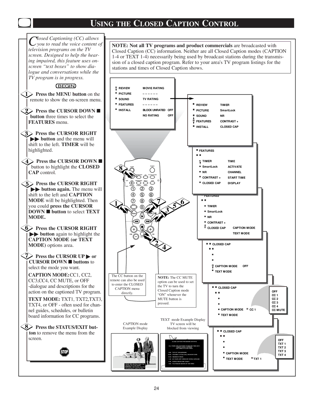 Philips TS3659C1 manual Using the Closed Caption Control, Mode 