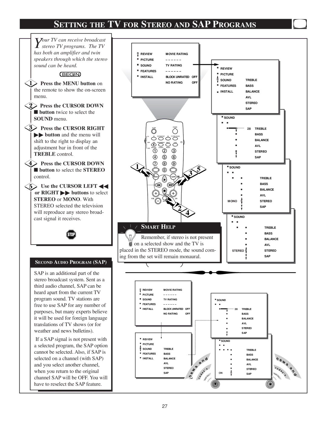 Philips TS3659C1 manual Setting the TV for Stereo and SAP Programs, Remember, if stereo is not present 