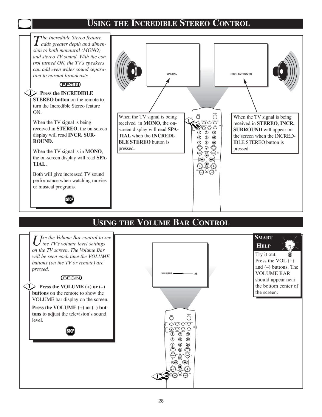 Philips TS3659C1 manual Using the Incredible Stereo Control, Using the Volume BAR Control, Round, Tial 