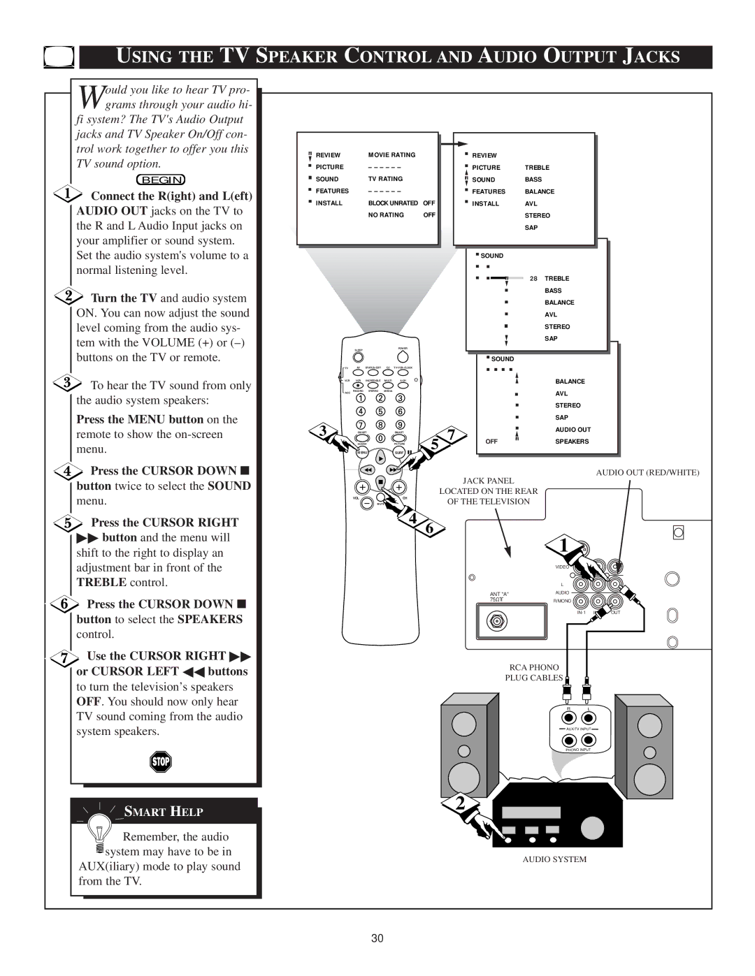 Philips TS3659C1 manual Using the TV Speaker Control and Audio Output Jacks, Connect the Right and Left 