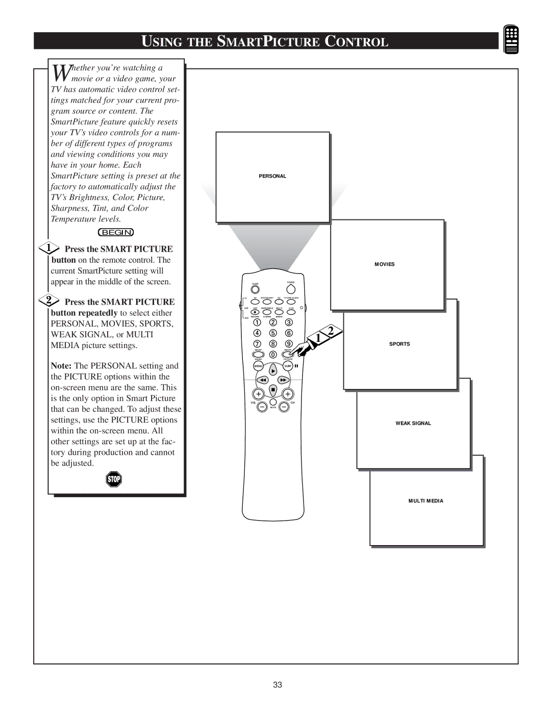 Philips TS3659C1 manual Using the Smart Picture Control 