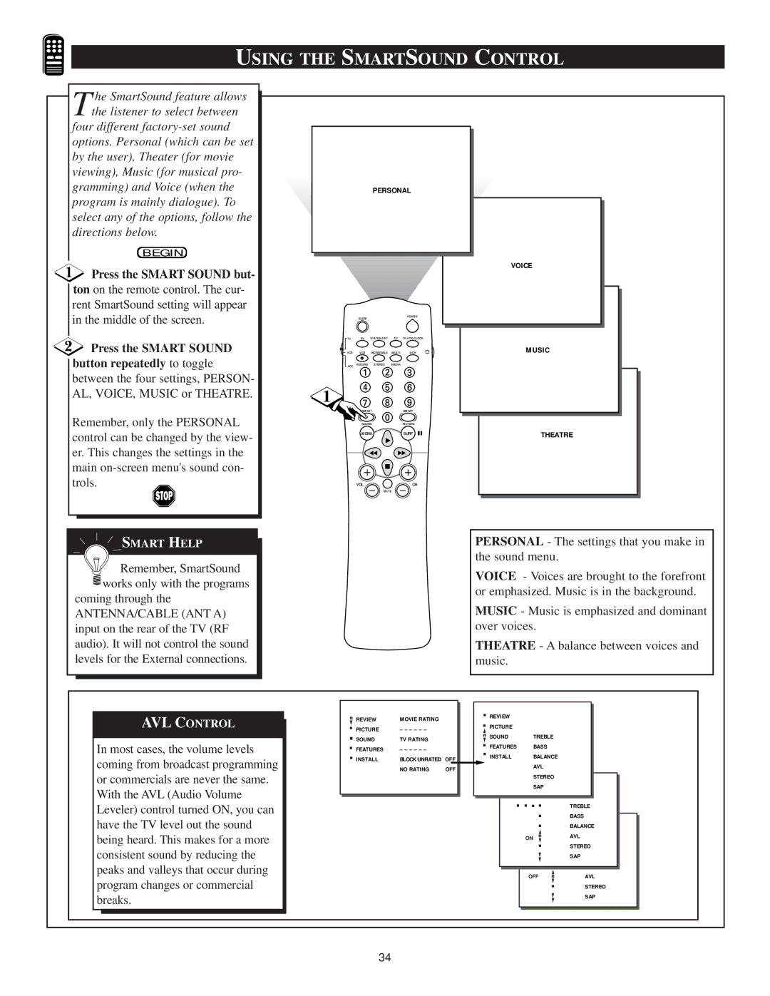 Philips TS3659C1 manual Using the Smartsound Control, Press the Smart Sound but 