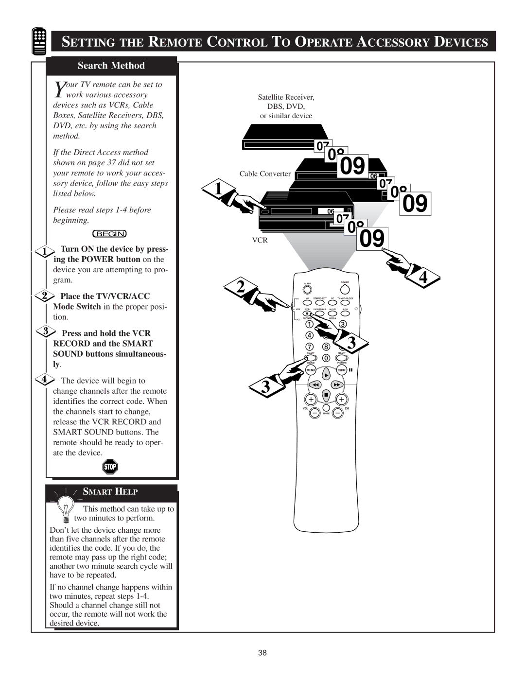 Philips TS3659C1 manual Setting the Remote Control to Operate Accessory Devices, Place the TV/VCR/ACC 