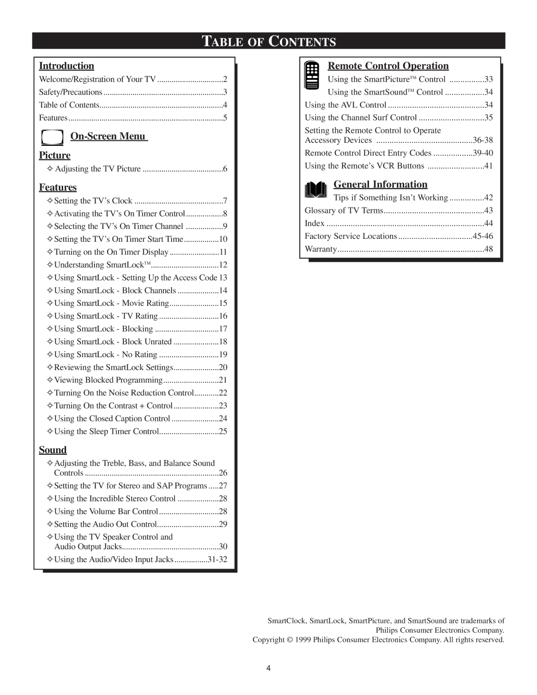 Philips TS3659C1 manual Table of Contents 