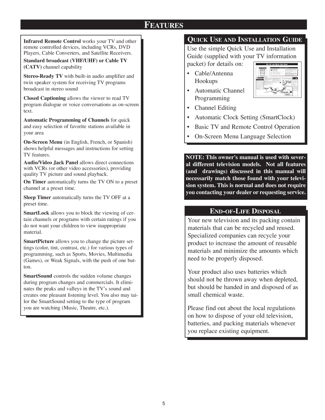 Philips TS3659C1 manual Features, Cable/Antenna 