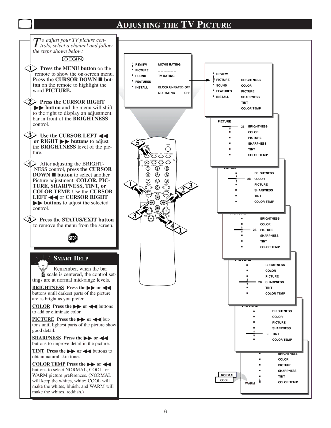 Philips TS3659C1 manual Adjusting the TV Picture, Tings are at normal mid-range levels 