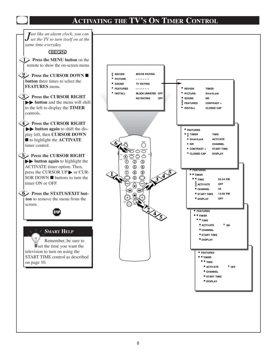 Philips TS3659C1 manual Activating the TV’S on Timer Control, Press the Menu button on 