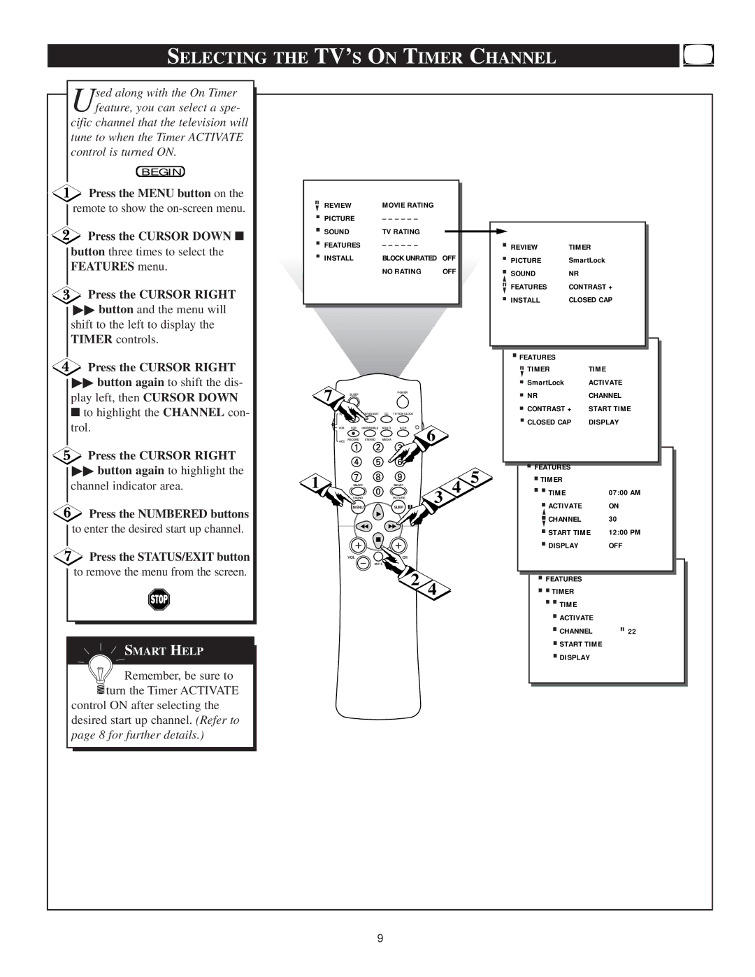 Philips TS3659C1 manual Selecting the TV’S on Timer Channel, Press the STATUS/EXIT button 