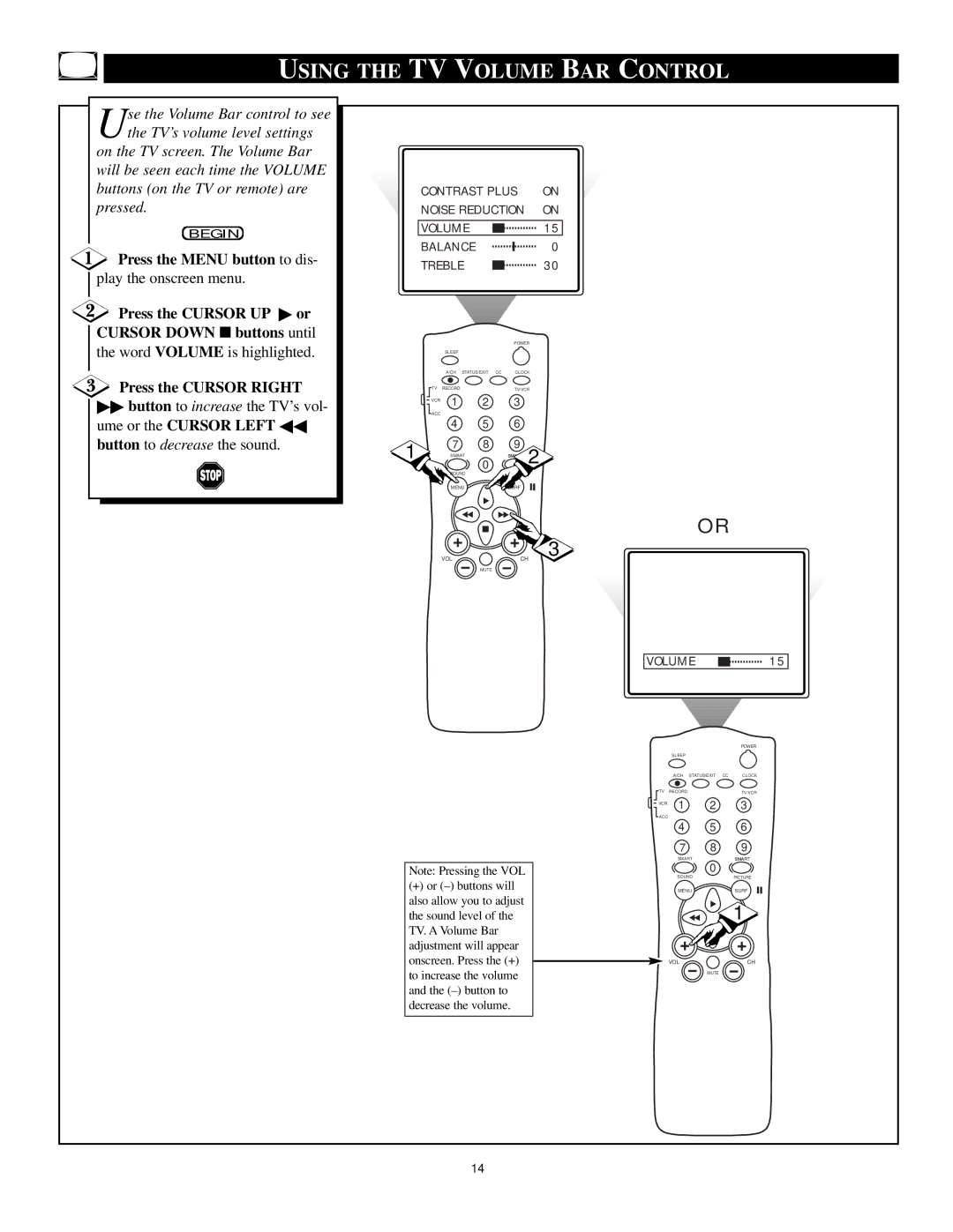 Philips TS3661C1 manual Using the TV Volume BAR Control, Press the Menu button to dis 