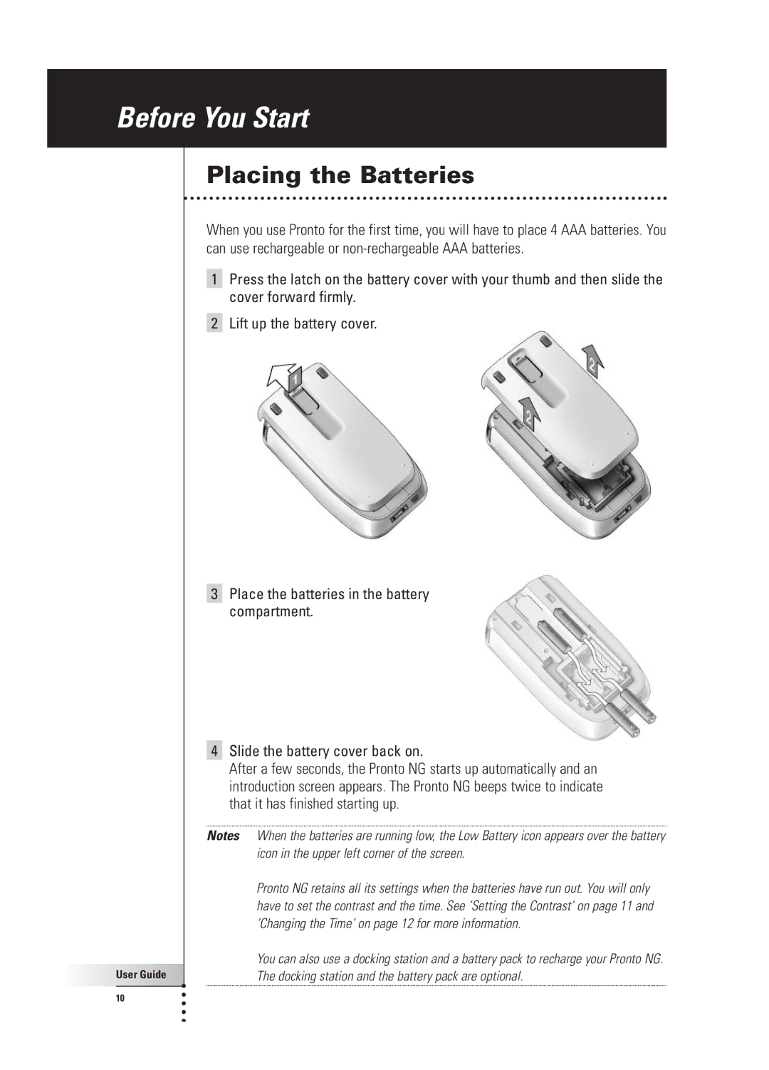 Philips TSU 3000 manual Before You Start, Placing the Batteries 