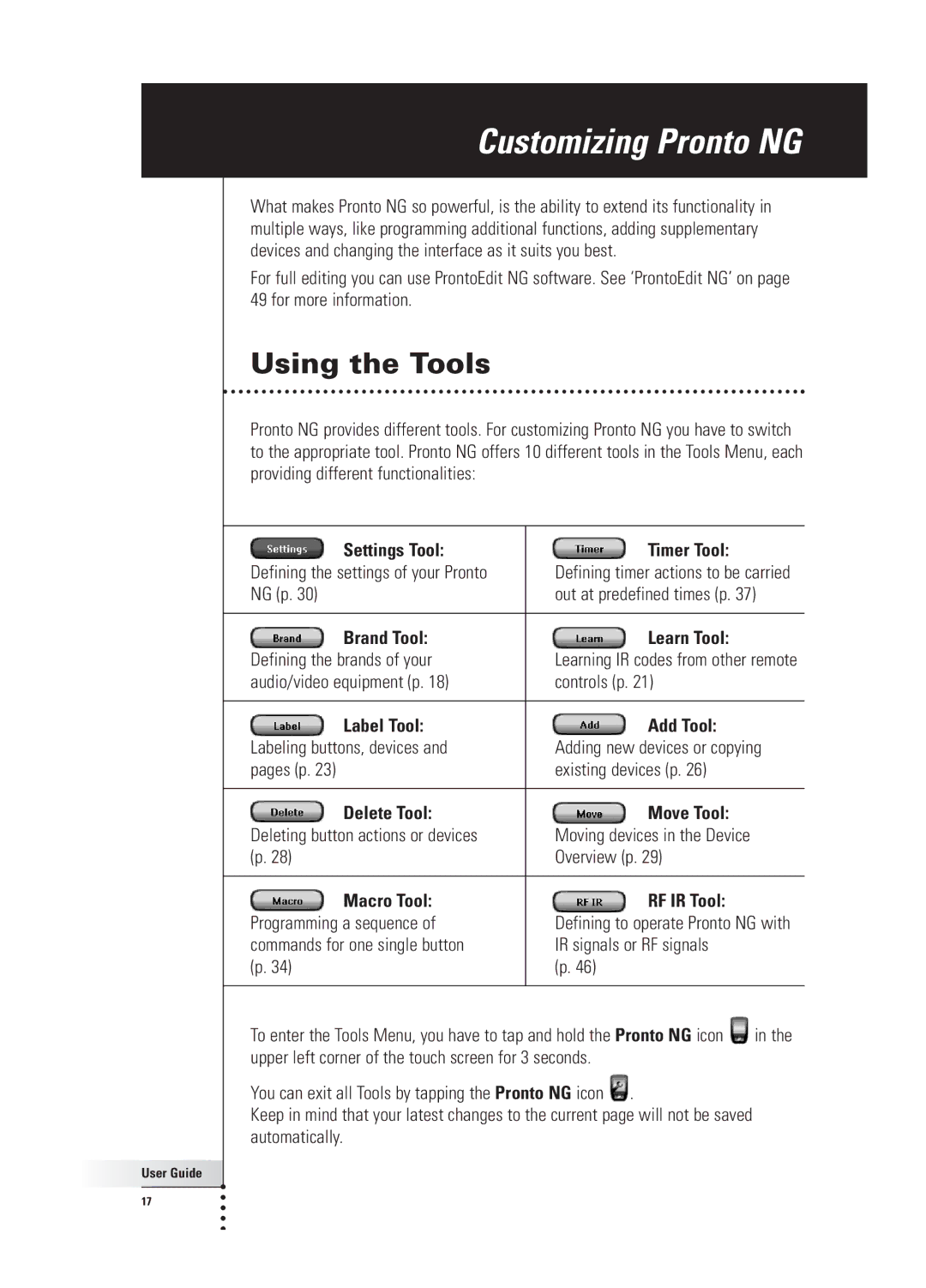 Philips TSU 3000 manual Customizing Pronto NG, Using the Tools 