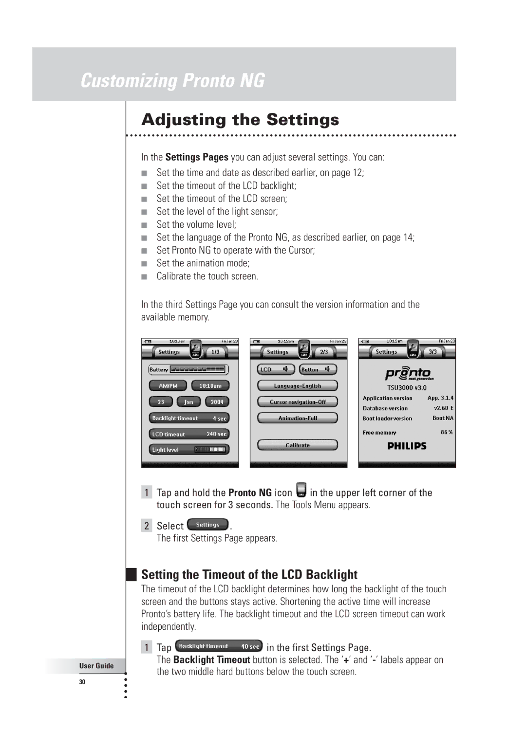 Philips TSU 3000 manual Adjusting the Settings, Setting the Timeout of the LCD Backlight 