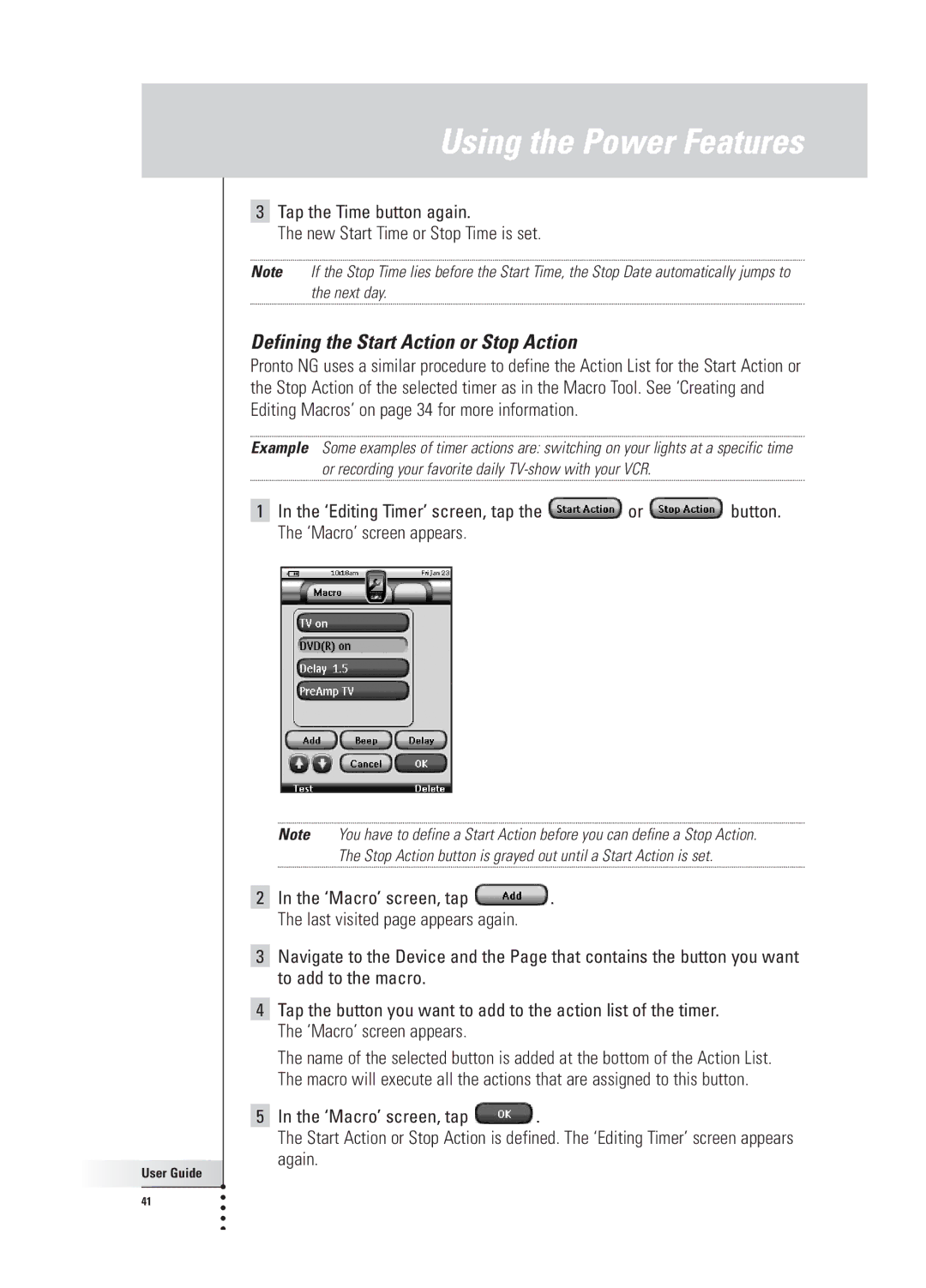 Philips TSU 3000 manual Defining the Start Action or Stop Action 