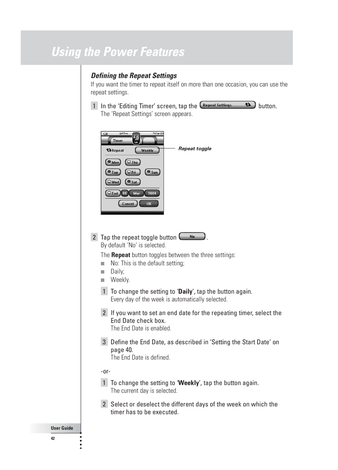 Philips TSU 3000 manual Defining the Repeat Settings 