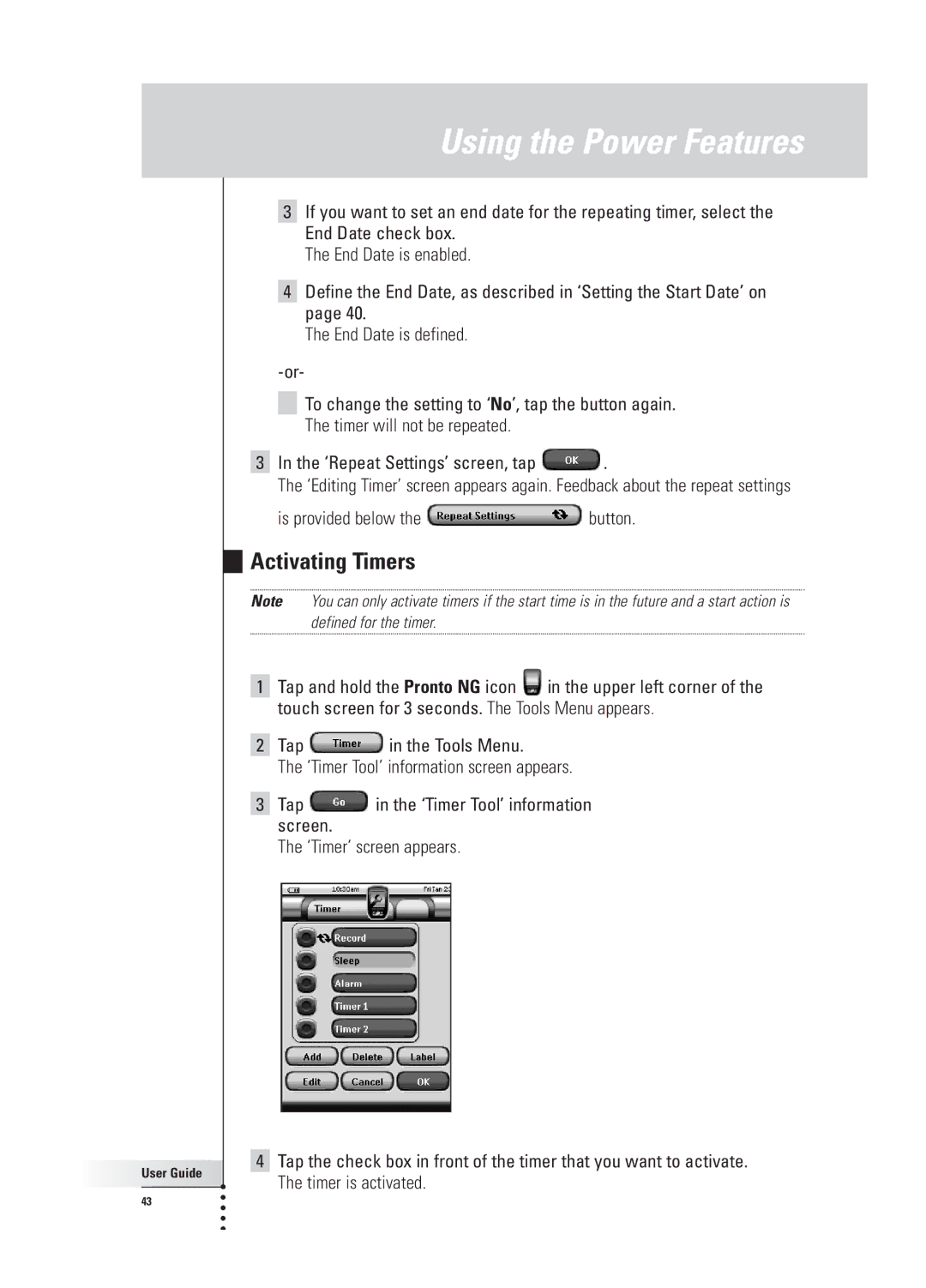 Philips TSU 3000 manual Activating Timers 