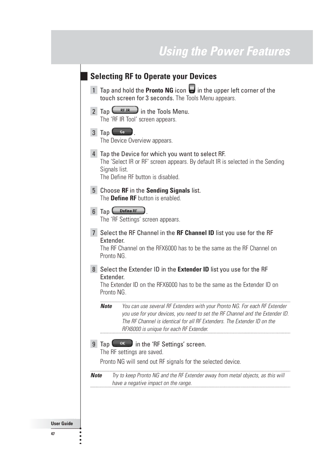 Philips TSU 3000 manual Selecting RF to Operate your Devices 