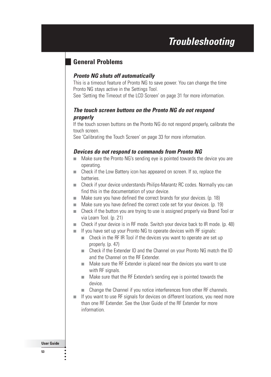 Philips TSU 3000 manual Troubleshooting, General Problems, Pronto NG shuts off automatically 