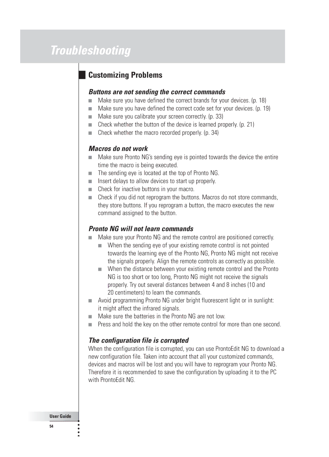 Philips TSU 3000 manual Customizing Problems, Buttons are not sending the correct commands, Macros do not work 