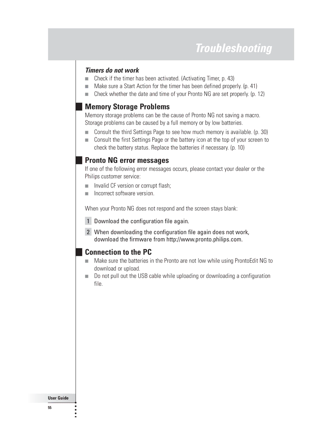 Philips TSU 3000 manual Memory Storage Problems, Pronto NG error messages, Connection to the PC, Timers do not work 