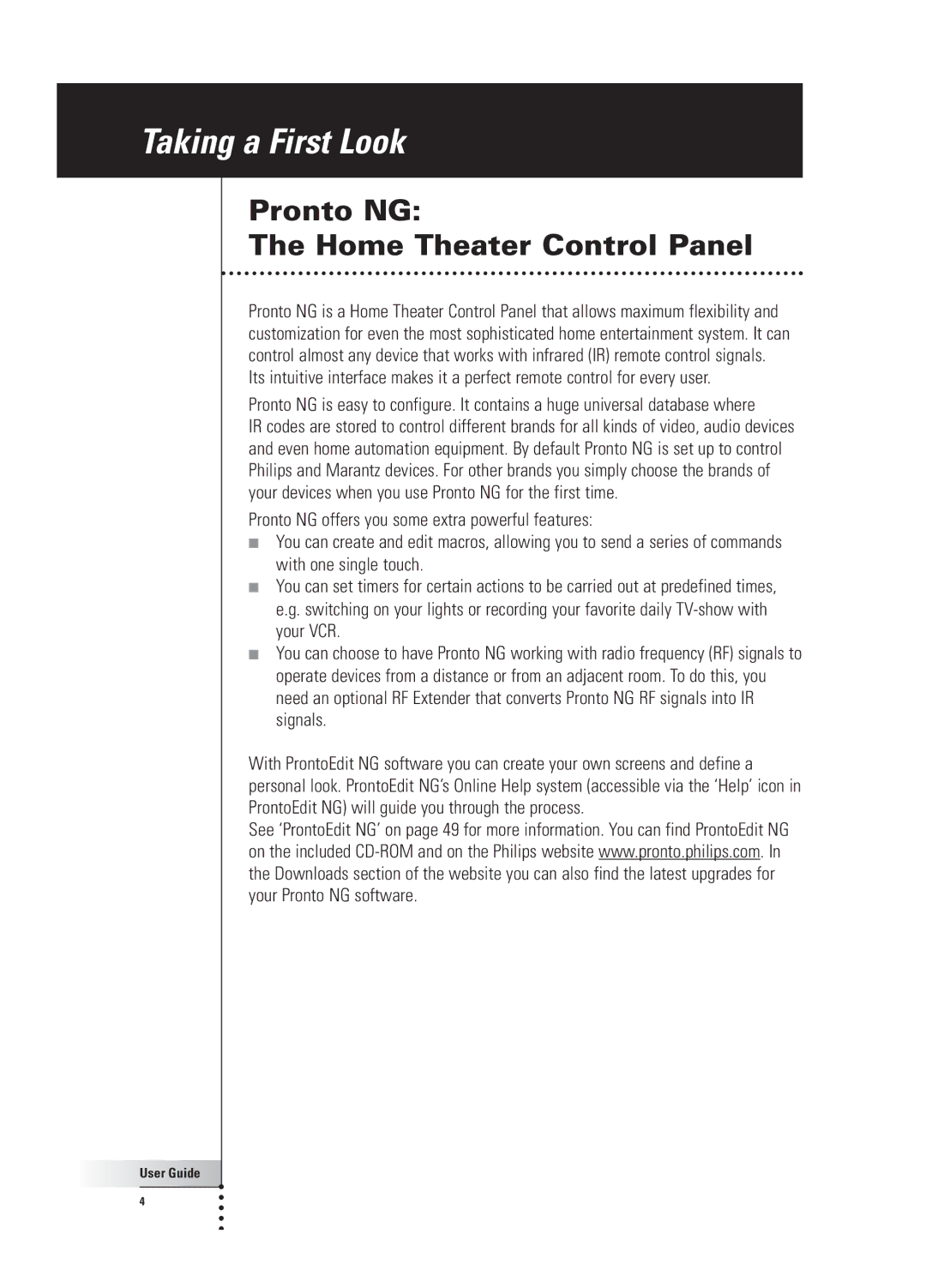 Philips TSU 3000 manual Taking a First Look, Pronto NG Home Theater Control Panel 