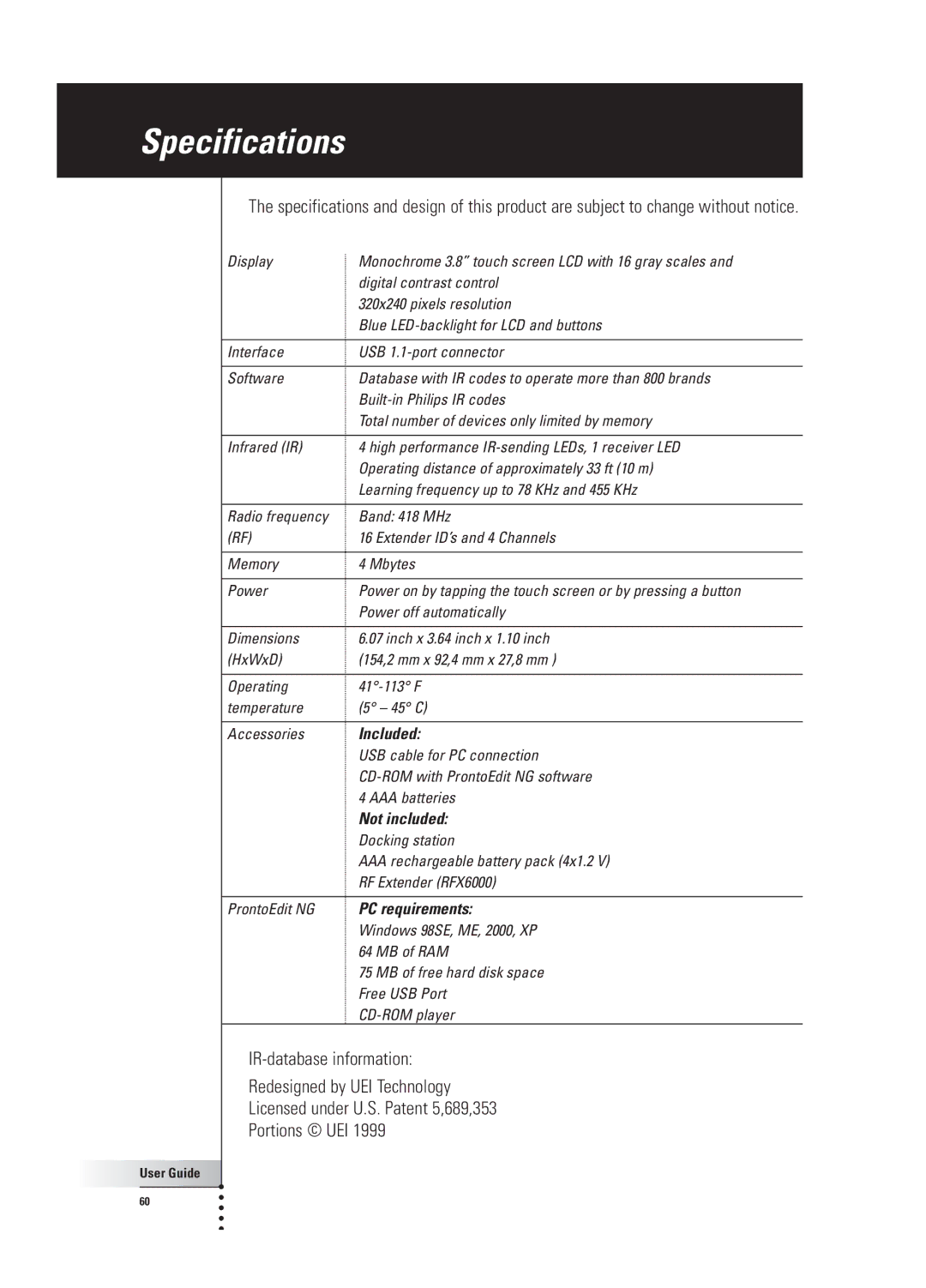 Philips TSU 3000 manual Specifications, ProntoEdit NG 