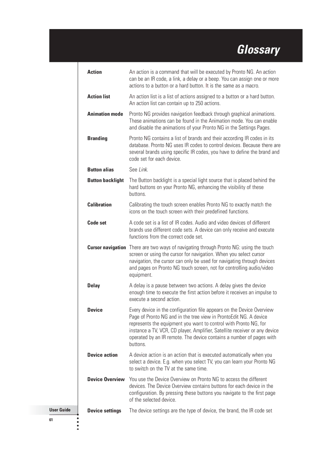 Philips TSU 3000 manual Glossary, Action 