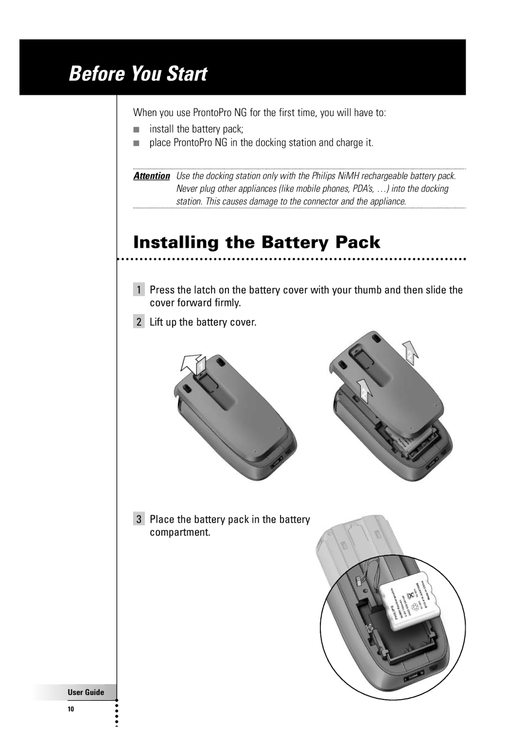 Philips TSU 7500 manual Before You Start, Installing the Battery Pack 