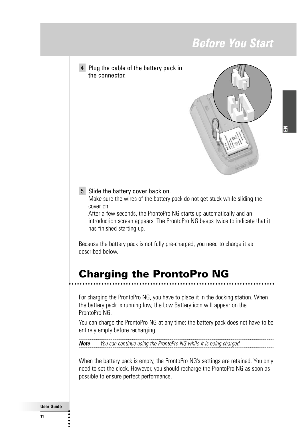 Philips TSU 7500 manual Charging the ProntoPro NG 