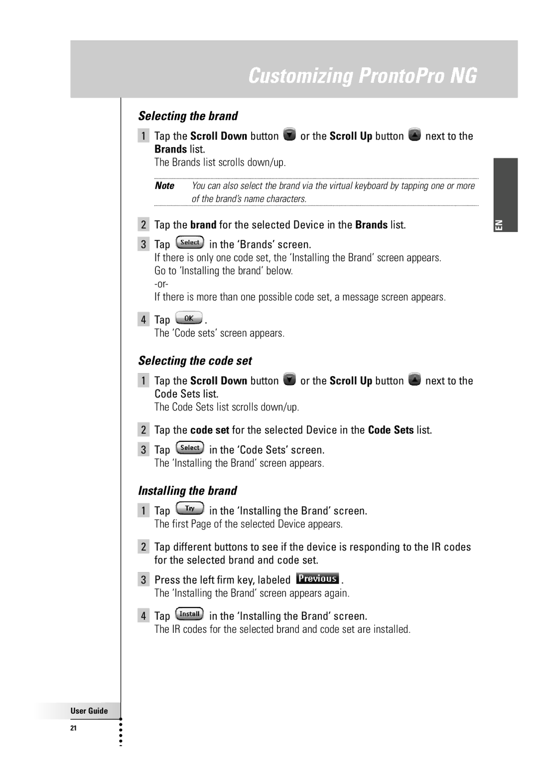 Philips TSU 7500 manual Selecting the brand, Selecting the code set, Installing the brand, Tap ‘Code sets’ screen appears 