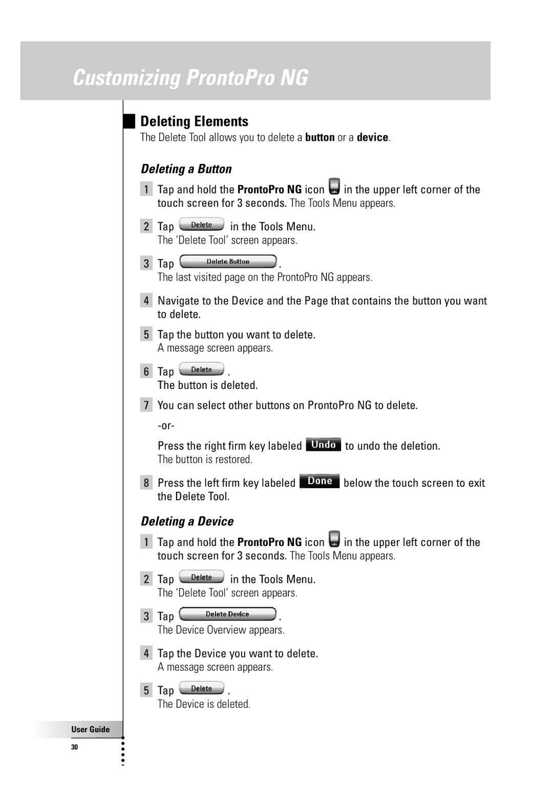 Philips TSU 7500 manual Deleting Elements, Deleting a Button, Deleting a Device, Tap Device is deleted 