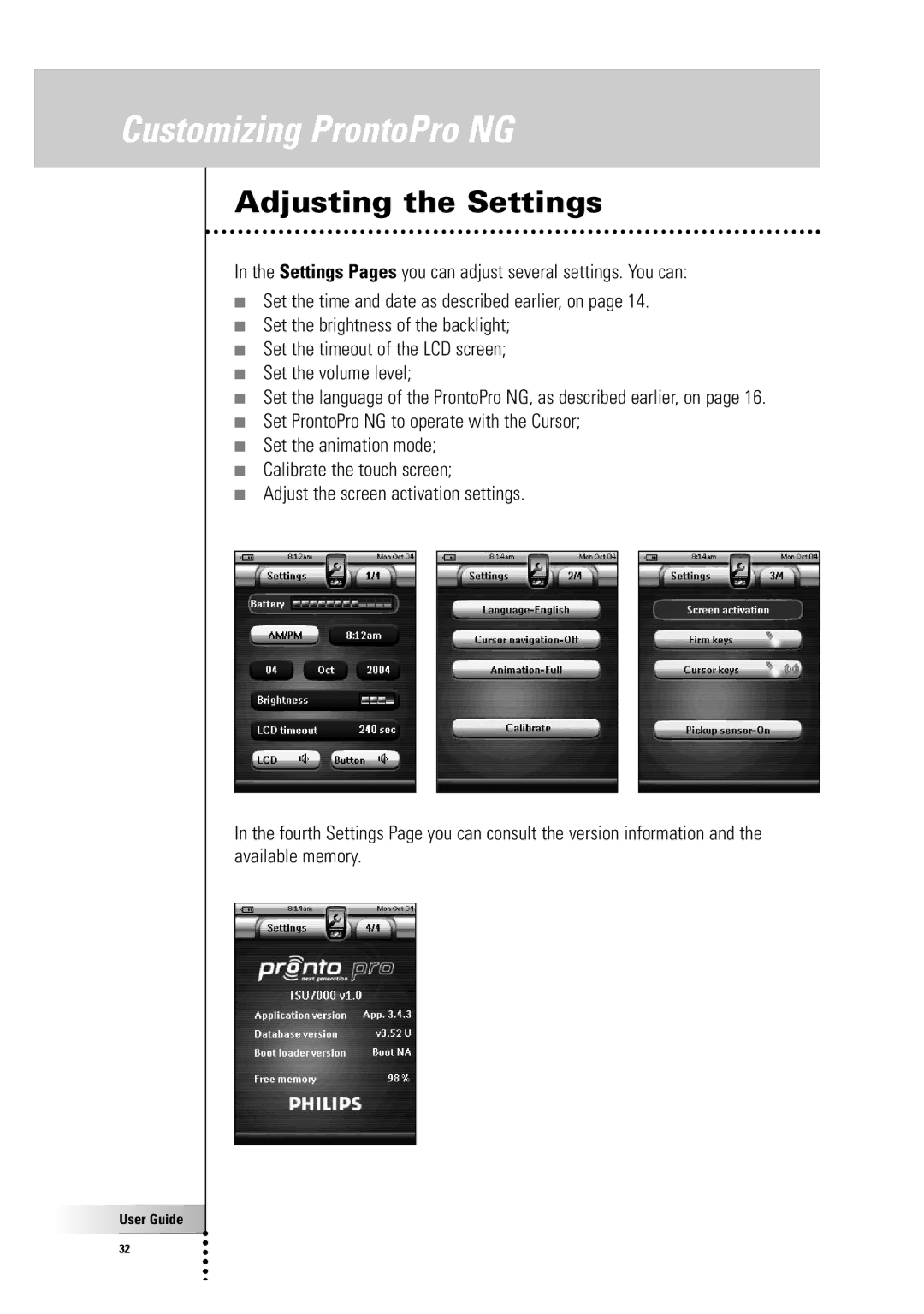 Philips TSU 7500 manual Adjusting the Settings 