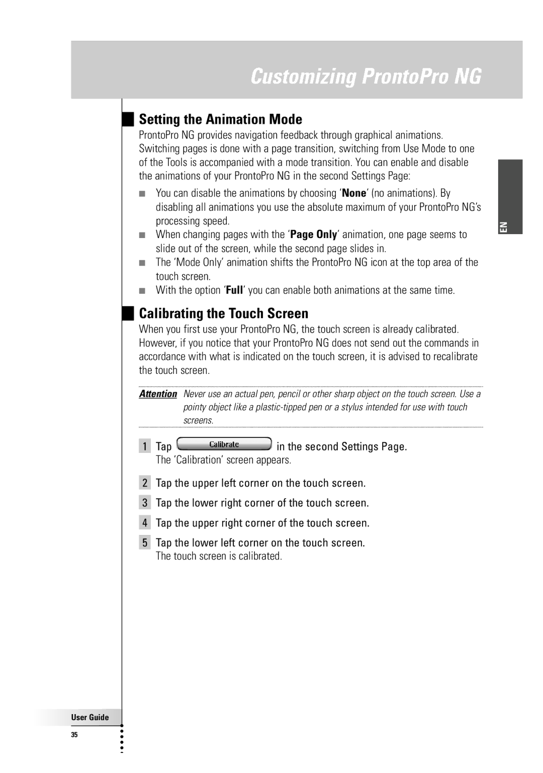 Philips TSU 7500 manual Setting the Animation Mode, Calibrating the Touch Screen 