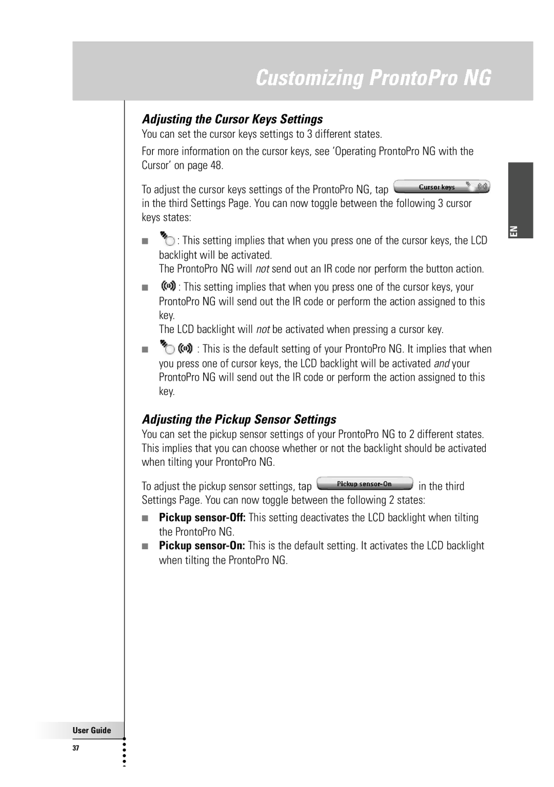 Philips TSU 7500 manual Adjusting the Cursor Keys Settings, Adjusting the Pickup Sensor Settings 