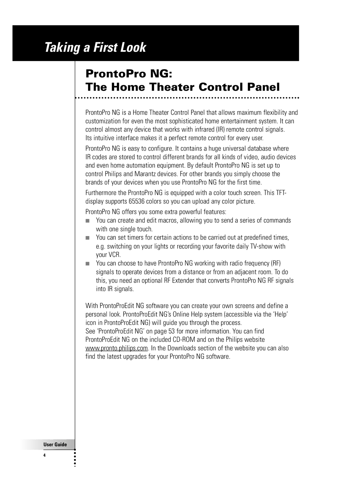 Philips TSU 7500 manual Taking a First Look, ProntoPro NG Home Theater Control Panel 