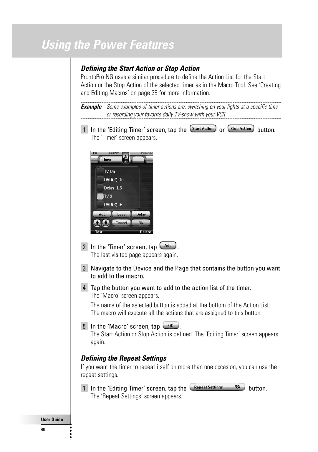 Philips TSU 7500 manual Defining the Start Action or Stop Action, Defining the Repeat Settings 