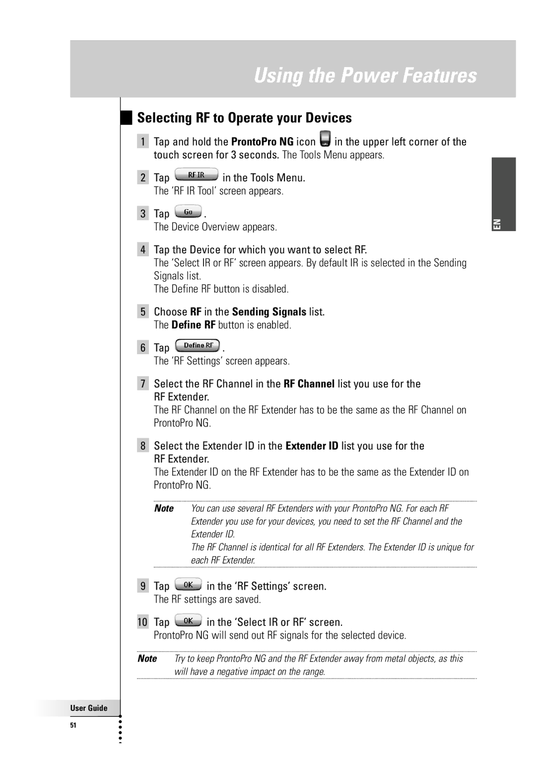 Philips TSU 7500 manual Selecting RF to Operate your Devices 