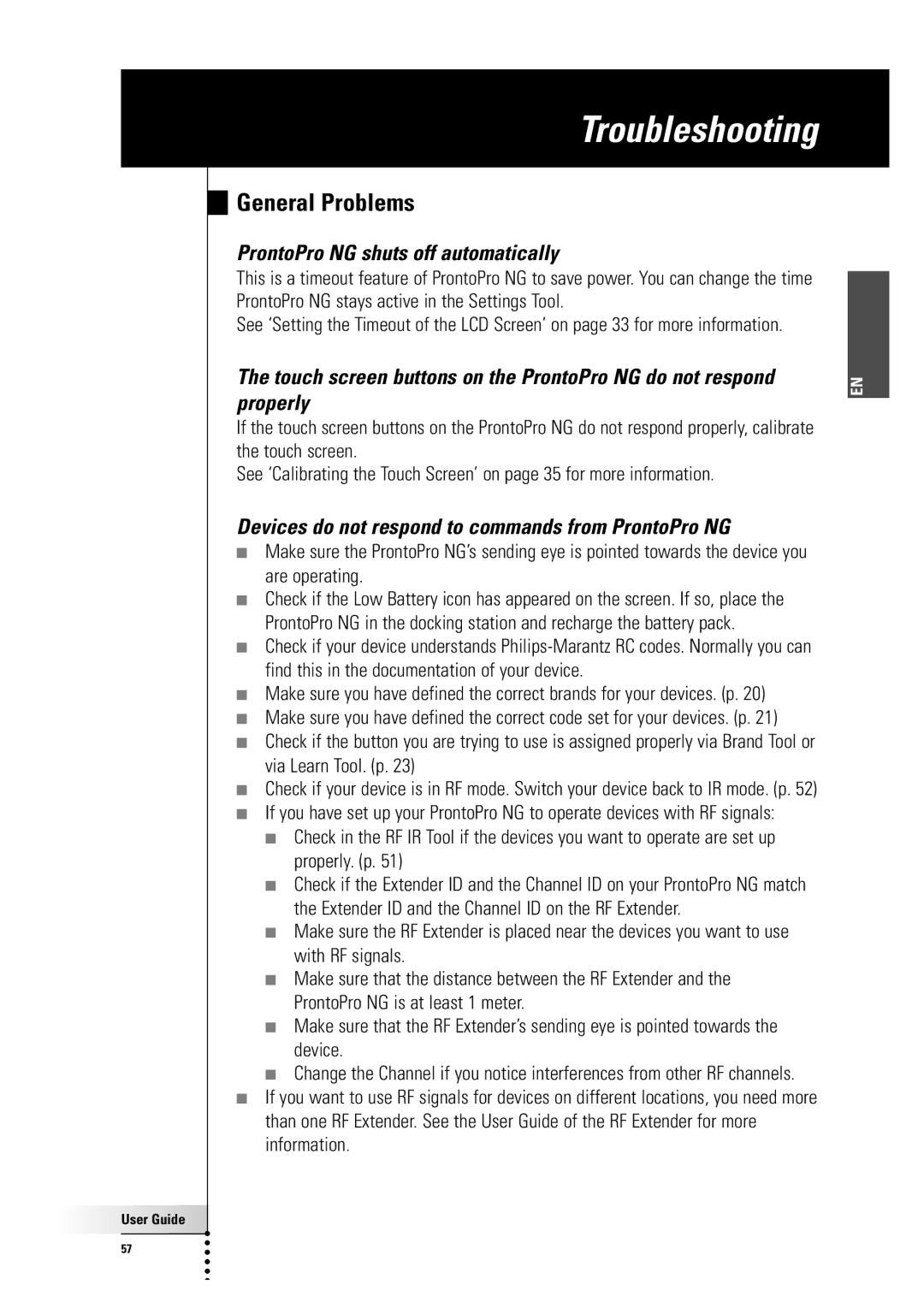 Philips TSU 7500 manual Troubleshooting, General Problems, ProntoPro NG shuts off automatically 