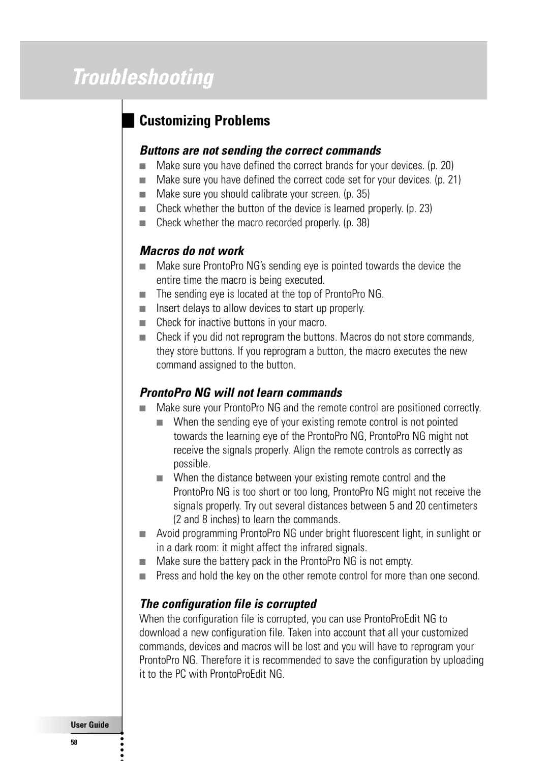 Philips TSU 7500 manual Customizing Problems, Buttons are not sending the correct commands, Macros do not work 