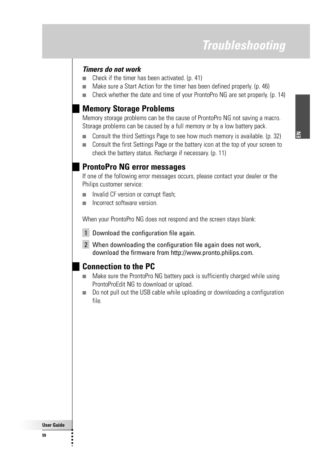 Philips TSU 7500 manual Memory Storage Problems, ProntoPro NG error messages, Connection to the PC, Timers do not work 