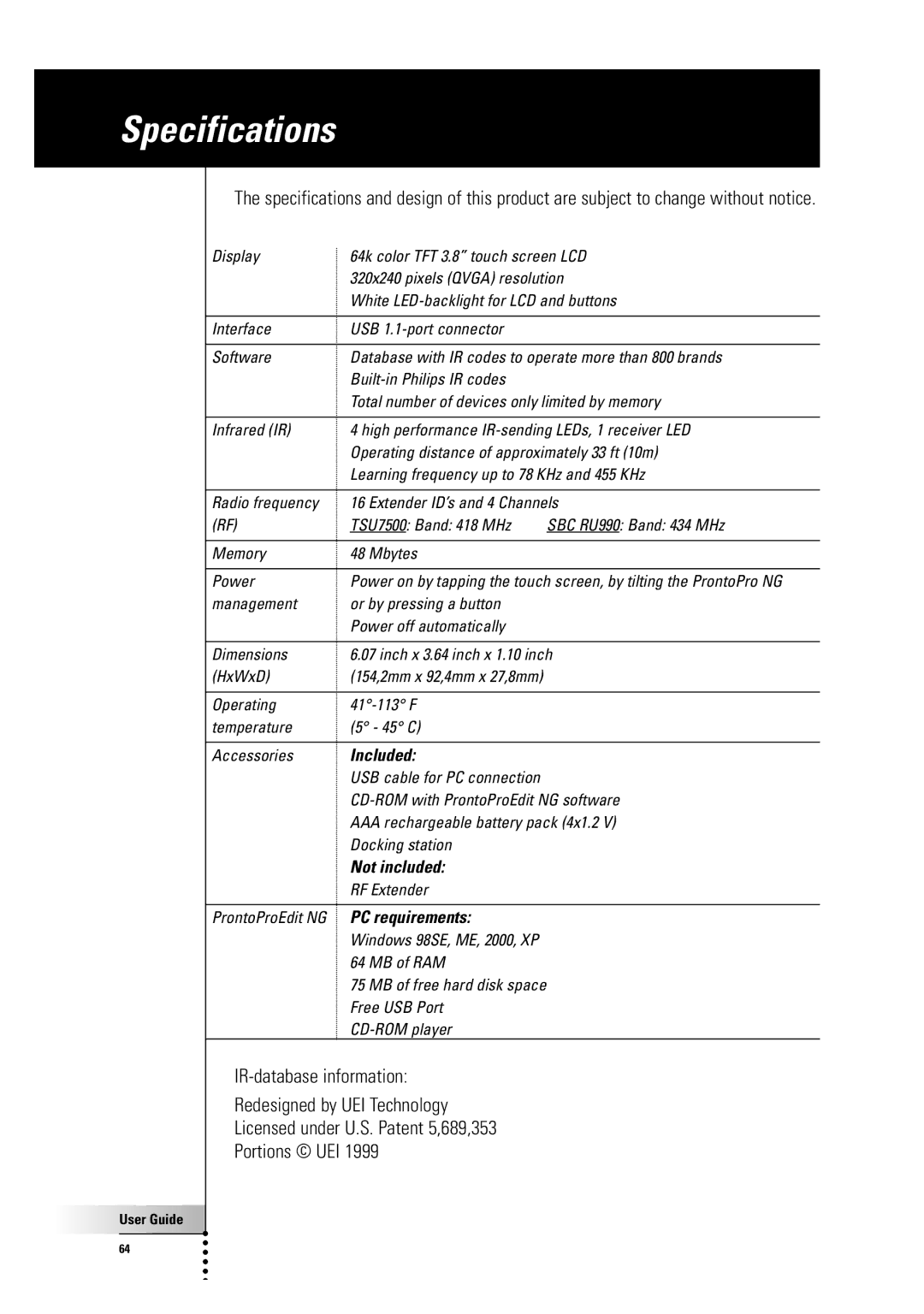 Philips TSU 7500 manual Specifications, Included 