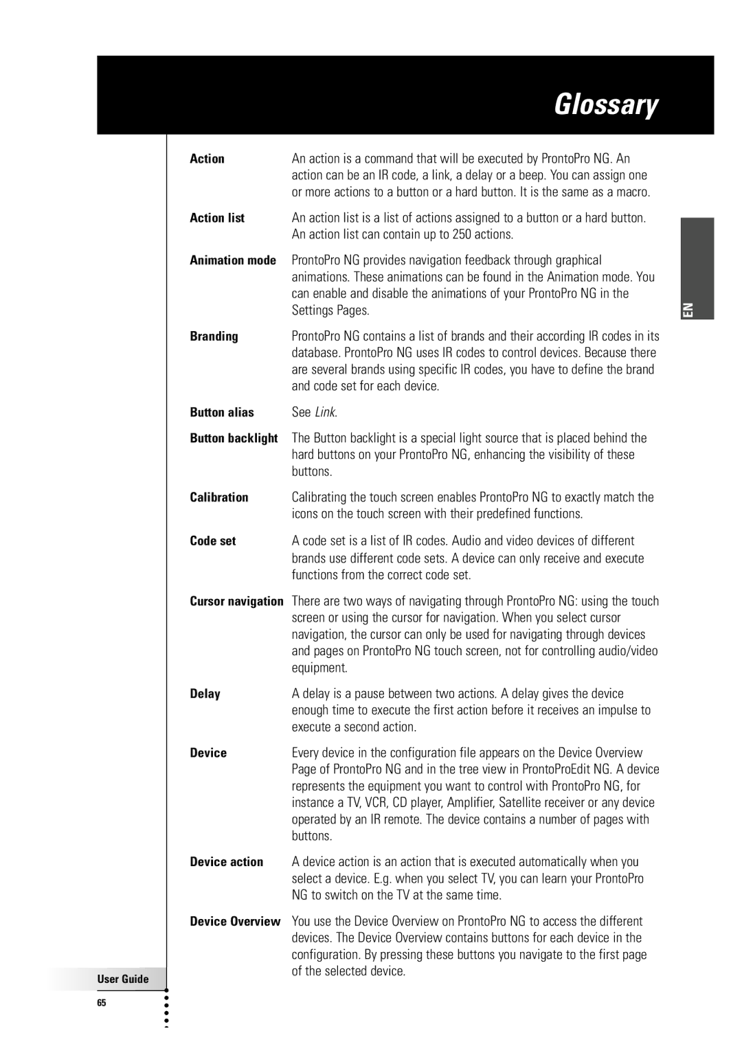 Philips TSU 7500 manual Glossary, Action 