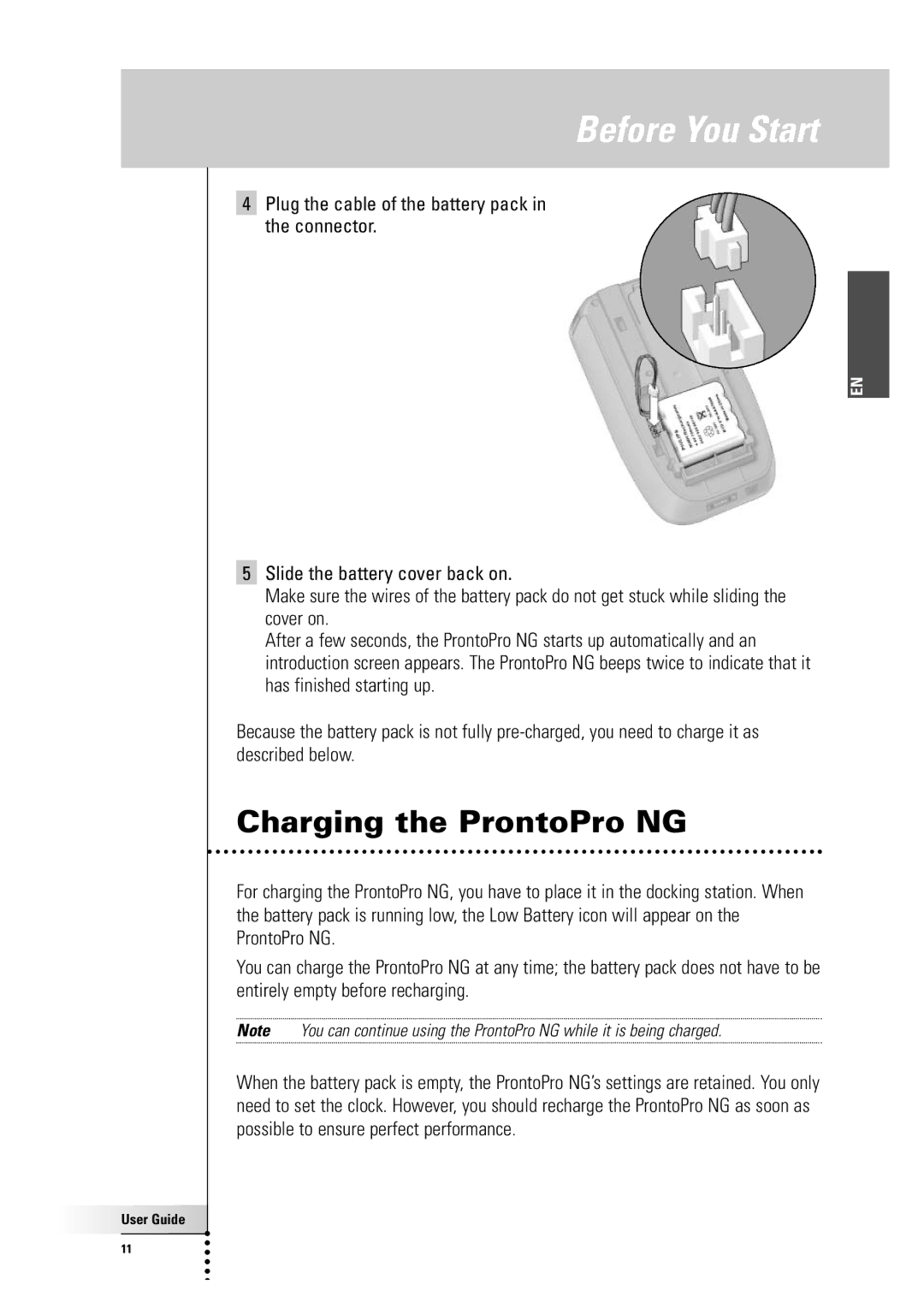 Philips TSU7500-SBC RU990 manual Charging the ProntoPro NG 
