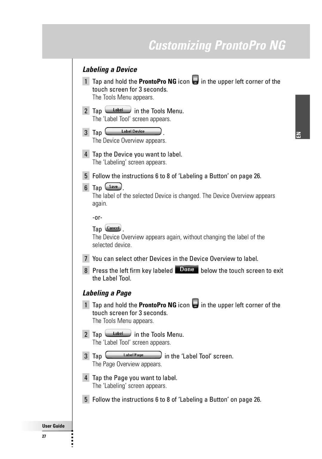 Philips TSU7500-SBC RU990 manual Labeling a Device, Tap in the ‘Label Tool’ screen. The Page Overview appears 