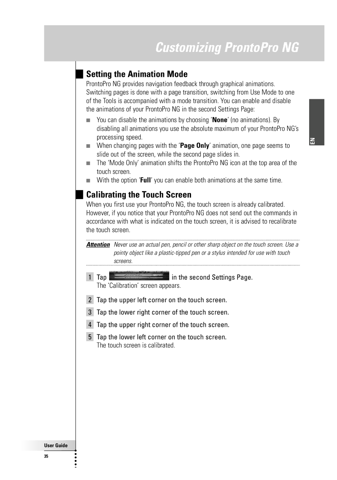 Philips TSU7500-SBC RU990 manual Setting the Animation Mode, Calibrating the Touch Screen 