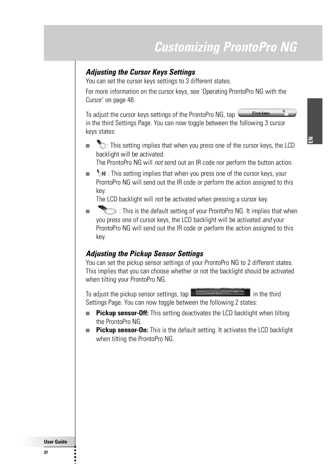 Philips TSU7500-SBC RU990 manual Adjusting the Cursor Keys Settings, Adjusting the Pickup Sensor Settings 